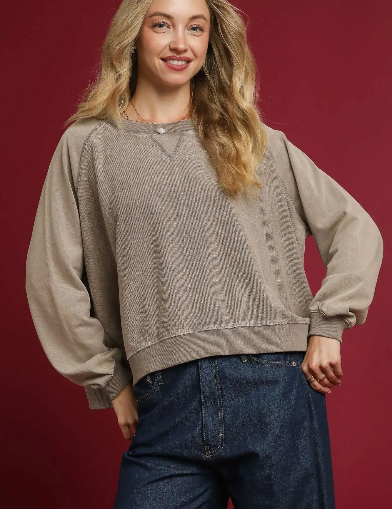 MUSHROOM Umgee Mineral Wash French Terry Sweatshirt | Sweatshirts Daverri Fashions