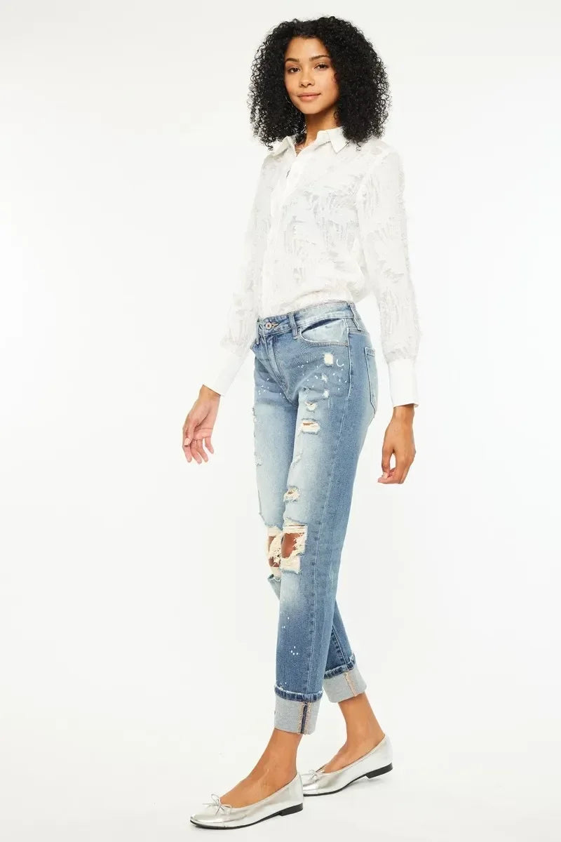 Kancan High Rise Distressed Boyfriend Fit Jeans - DAVERRI FASHIONS