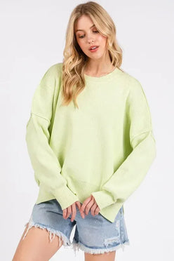 Mittoshop Side Slit Round Neck Drop Shoulder Sweater - DAVERRI FASHIONS