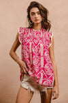 BiBi Printed Pink Ruffle Sleeve Top with tribal pattern