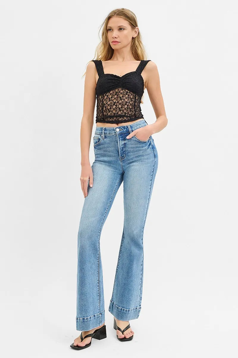 RISEN Full Size Tummy Control Elastic Band High Rise Flare Jeans Plus Size Jeans