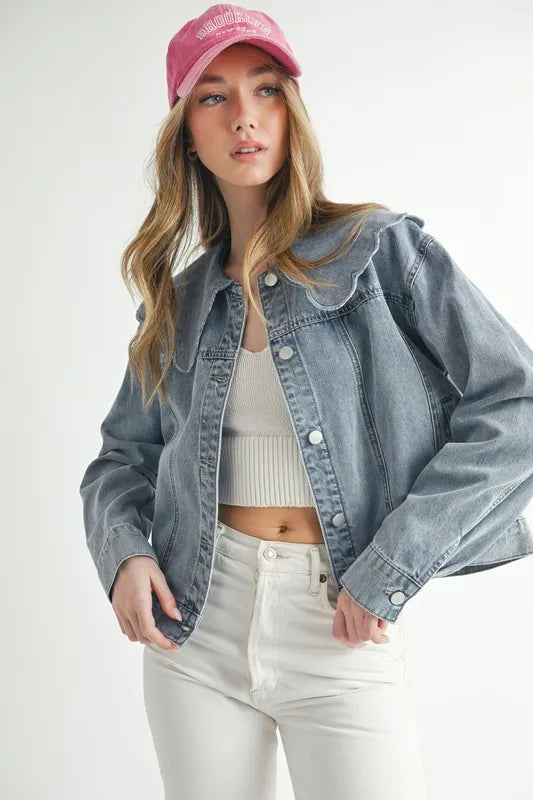 MABLE Scallop Peter Pan Collar Denim Jacket