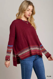 Umgee Long Sleeve Round Neck Knit Top with Side Slits and Stitch Detail | Knit Tops Daverri Fashions