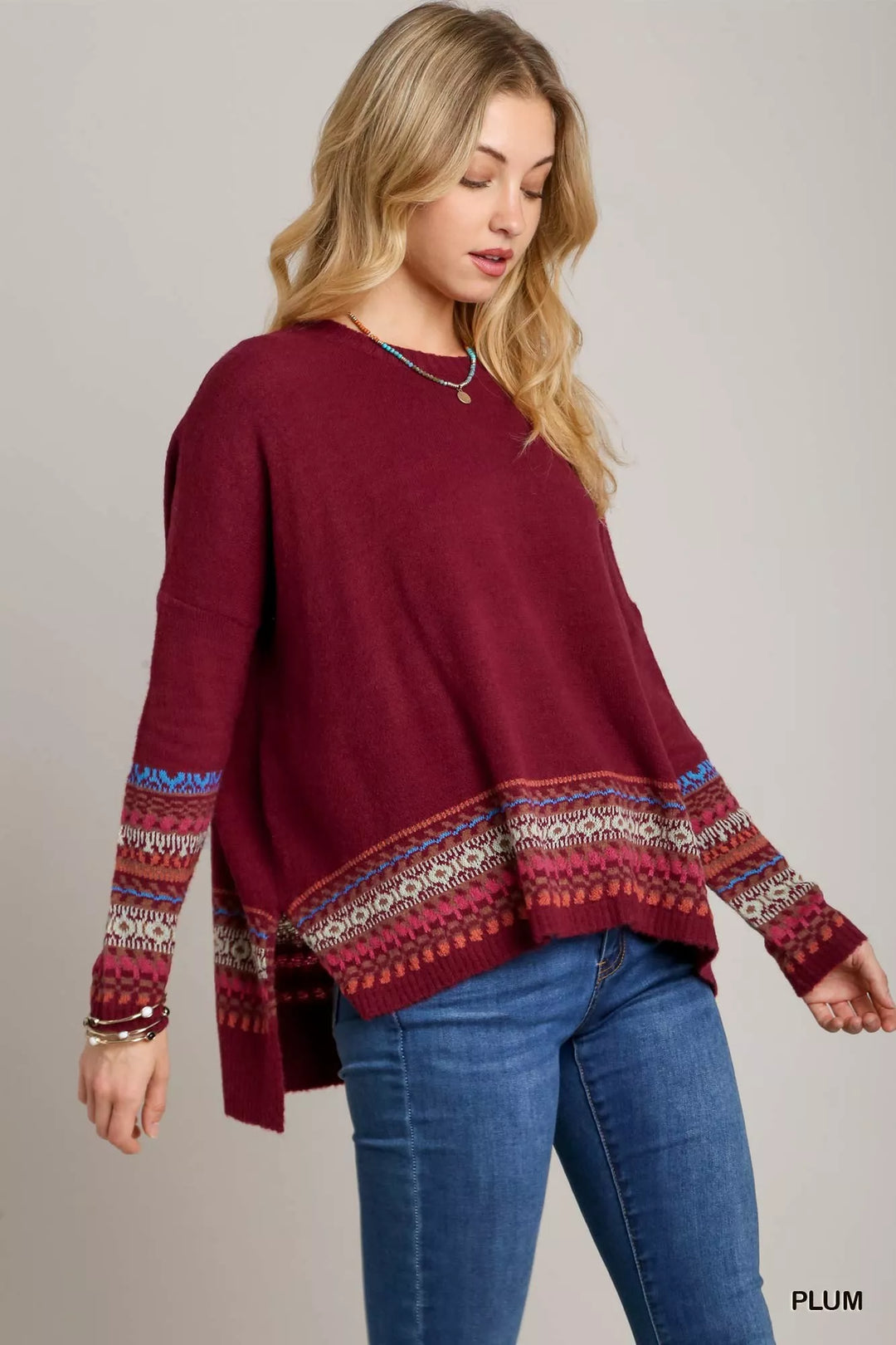 Umgee Long Sleeve Round Neck Knit Top with Side Slits and Stitch Detail | Knit Tops Daverri Fashions