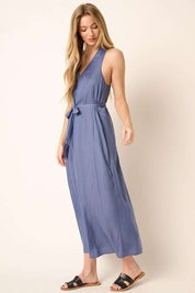 Mittoshop Cross Back Belted V Neck Tank Maxi Dress