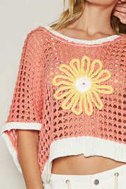 POL Hollow Out Flower Half Sleeve Knit Cover Up