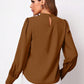 Brown satin ruched mock neck blouse with puffed sleeves and keyhole back