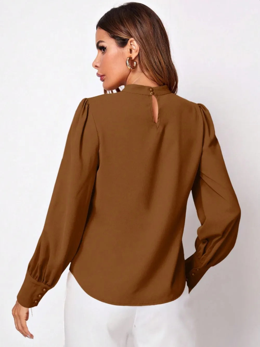 Brown satin ruched mock neck blouse with puffed sleeves and keyhole back