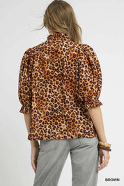Umgee Full Size Leopard Print Ruffle Neck Blouse Plus Size | Blouses Daverri Fashions