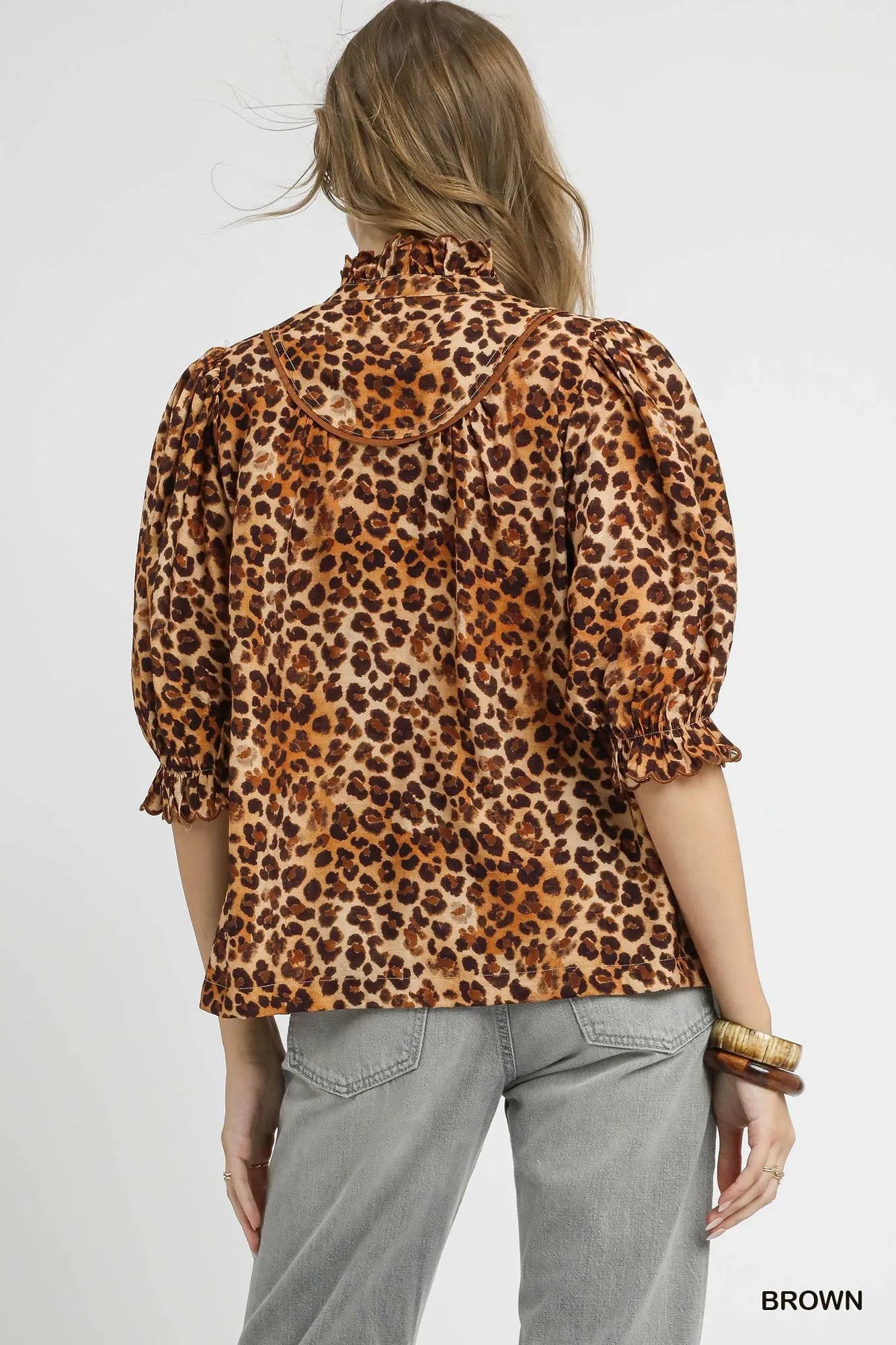 Umgee Full Size Leopard Print Ruffle Neck Blouse Plus Size Blouses