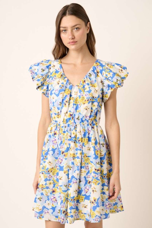 Mittoshop Floral V-Neck Cap Sleeve Mini Dress Blue Mini Dresses