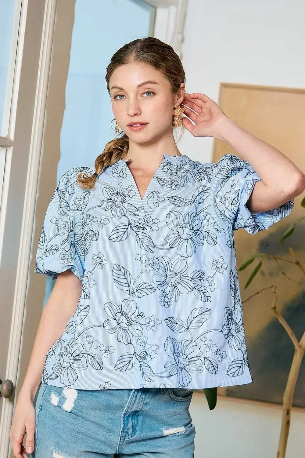 Umgee Floral Print Puff Sleeve Casual Blouse - DAVERRI FASHIONS