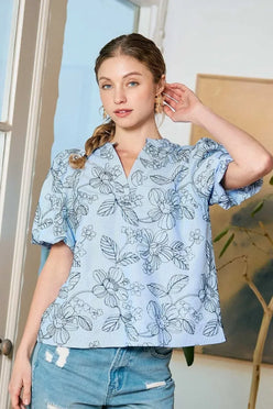 Umgee Floral Print Puff Sleeve Casual Blouse - DAVERRI FASHIONS