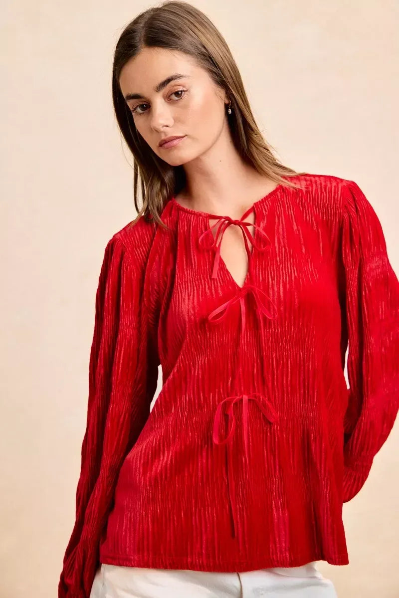 BiBi Christmas Theme Velvet Bow Tied Top With Neck Drop - DAVERRI FASHIONS