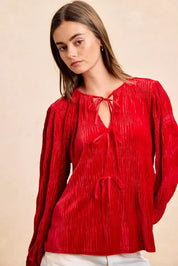 BiBi Christmas Theme Velvet Bow Tied Top With Neck Drop - DAVERRI FASHIONS