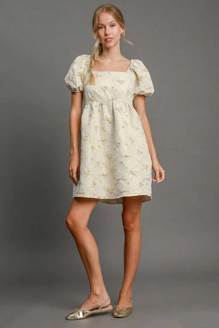 Umgee Heart Jacquard Square Neck Puff Sleeve Mini Dress Cream