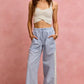 SO ME wide check pants with side lace trim piping in light blue white checkered wide-leg style