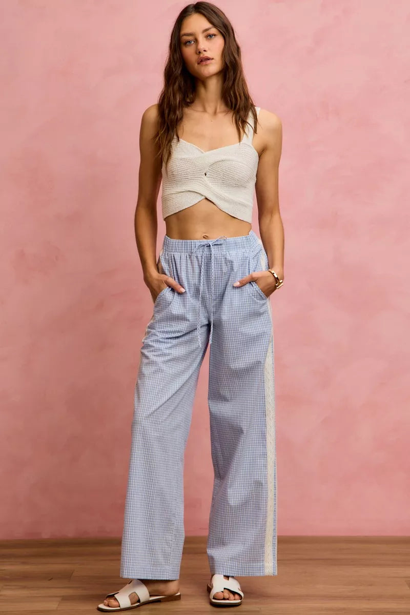 SO ME wide check pants with side lace trim piping in light blue white checkered wide-leg style