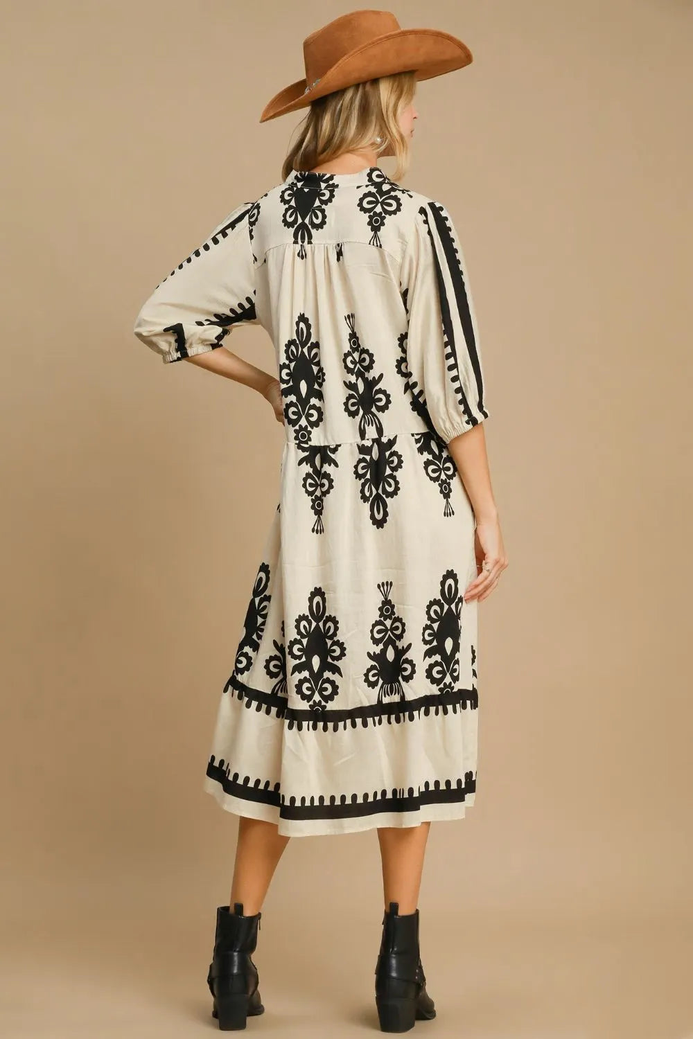 Umgee Printed Notched Midi Dress Midi Dresses
