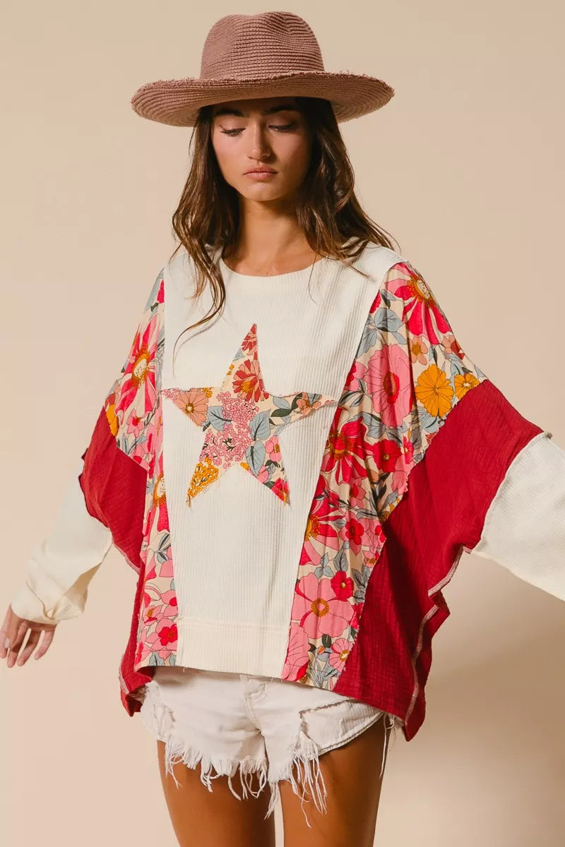 BiBi floral print mixed star patch round neck sweatshirt