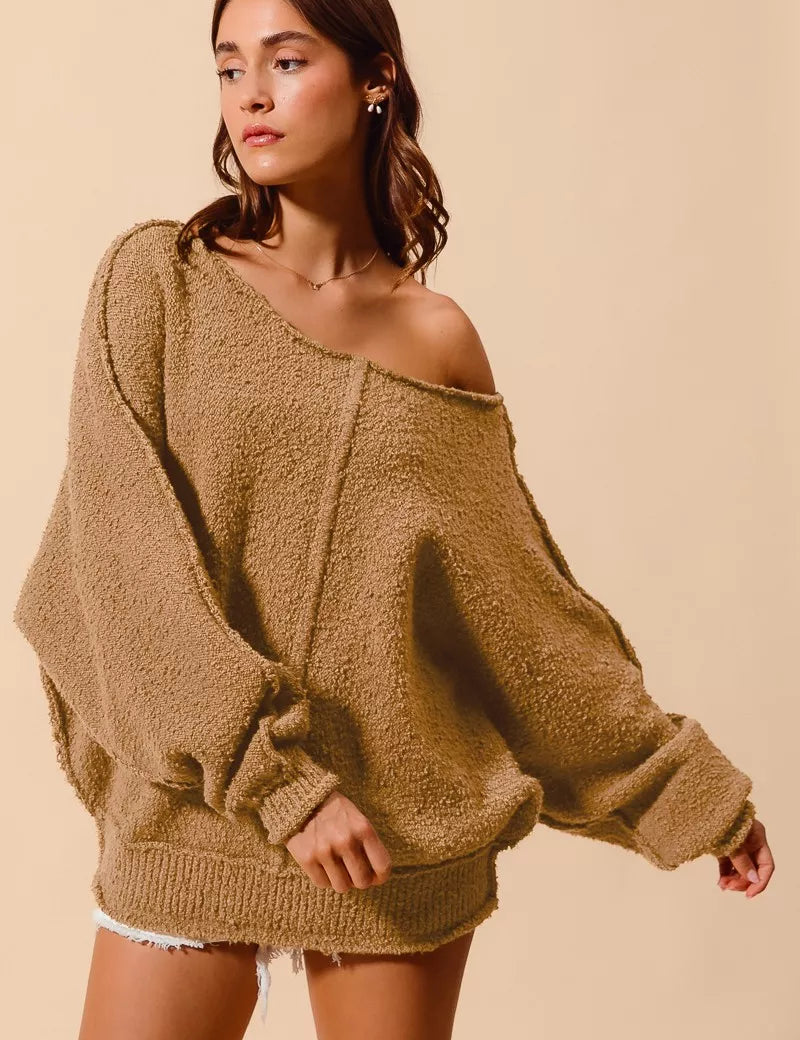 SO ME Loose Fit Exposed Seam Slouchy Boucle Sweater Taupe | Sweaters Daverri Fashions