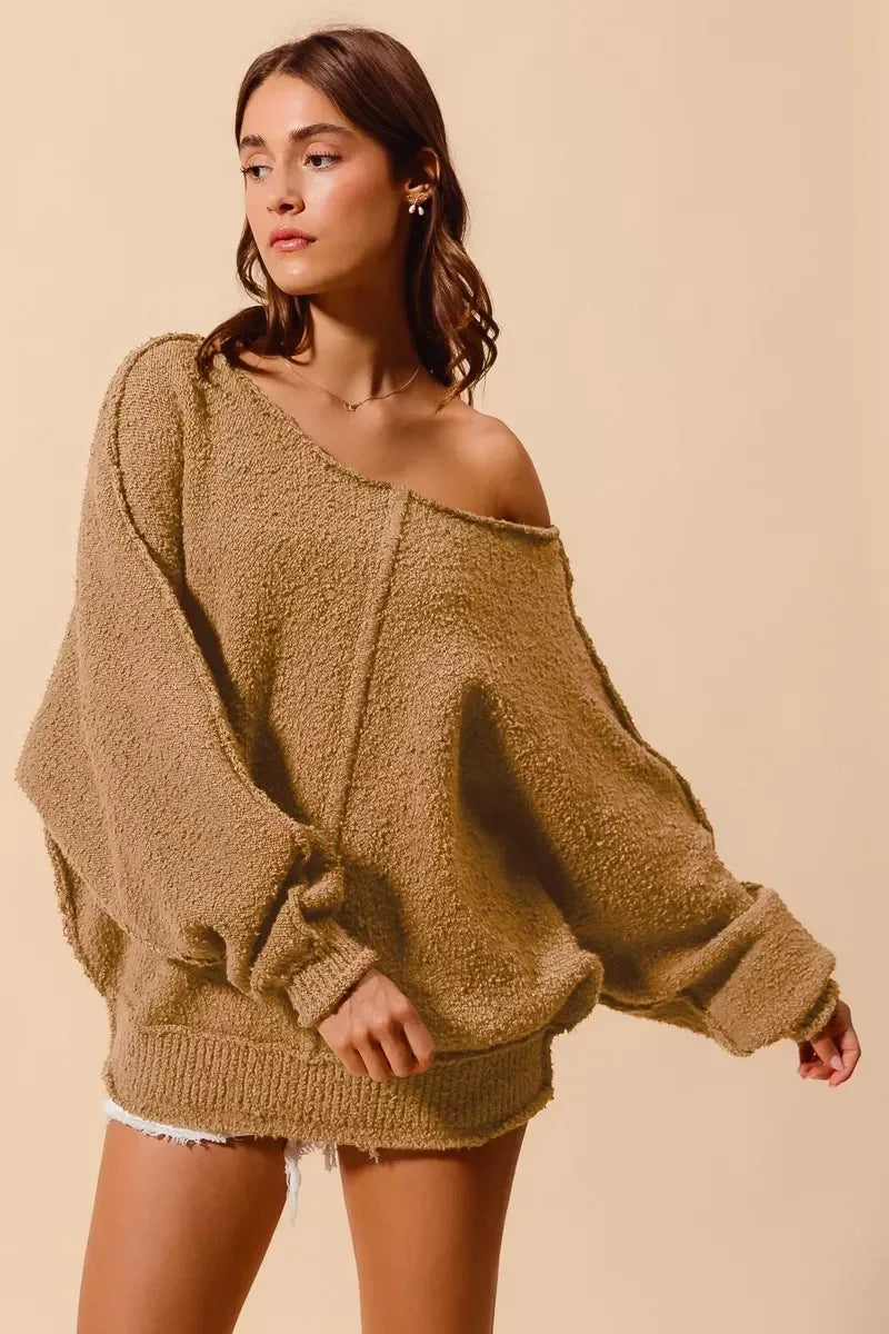 SO ME Loose Fit Exposed Seam Slouchy Boucle Sweater Taupe - DAVERRI FASHIONS