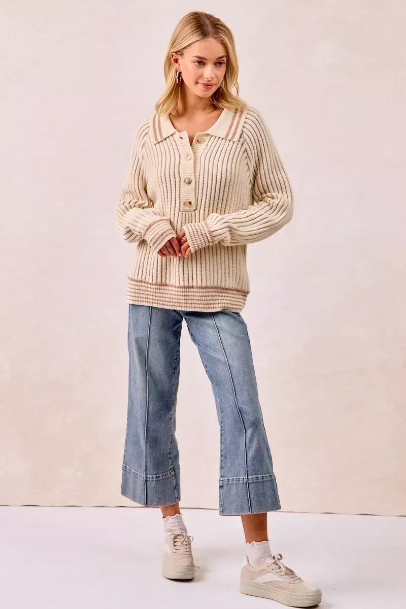 BiBi Half Button Ribbed Two Tone Sweater - DAVERRI FASHIONS