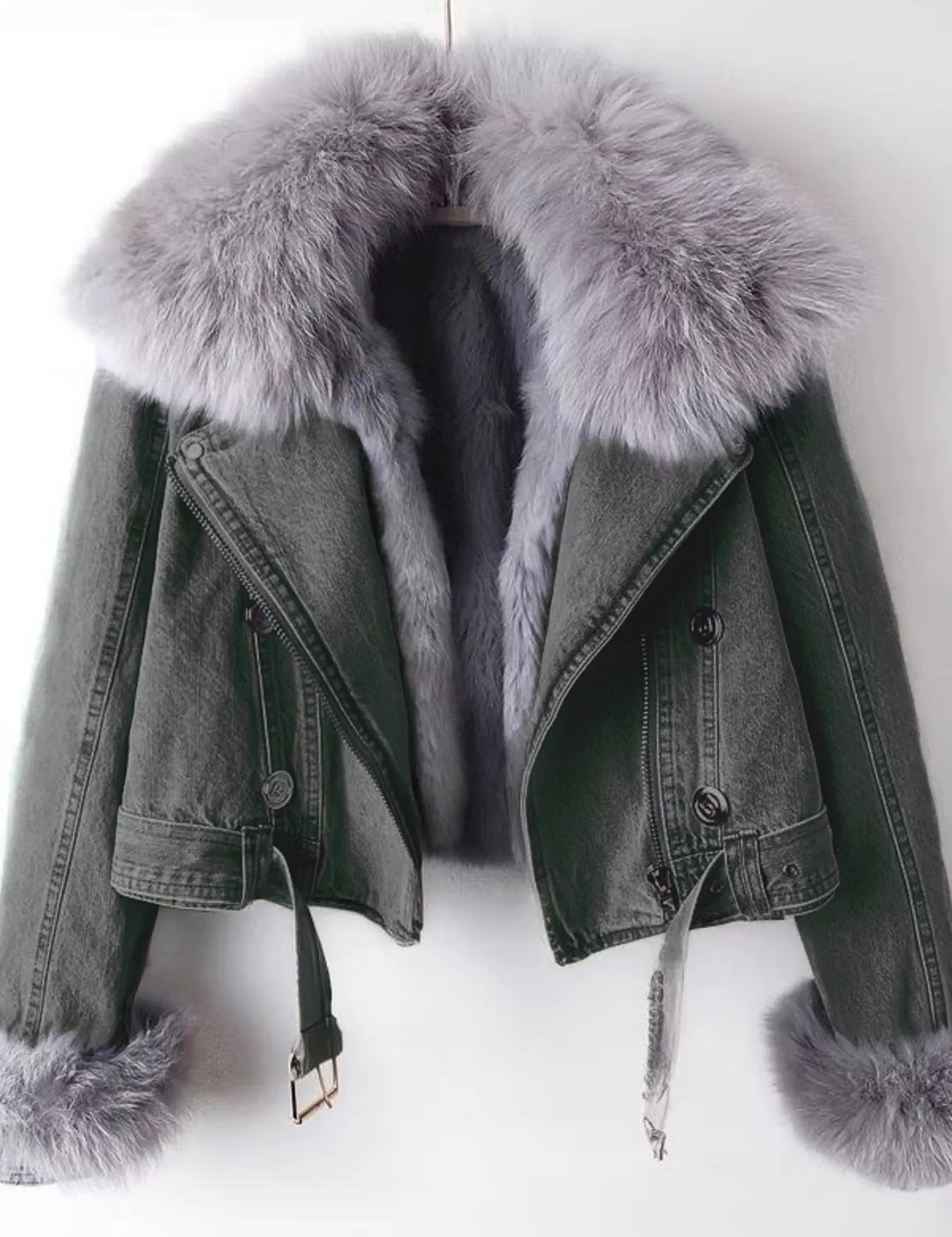 Dark Gray Full Size Faux Fur Collar Denim Jacket Plus Size | Jackets Daverri Fashions