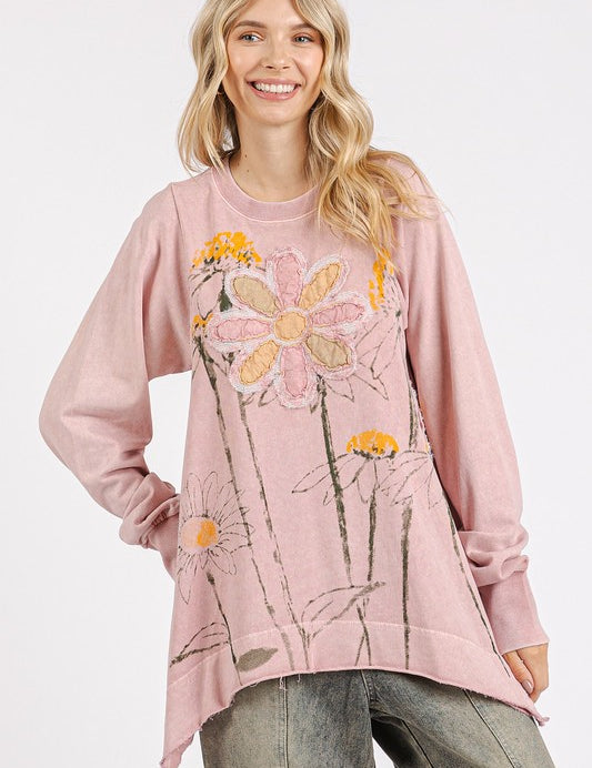 Mittoshop Flower Graphic Print and Patch Oversized Sweatshirt Dusty Pink