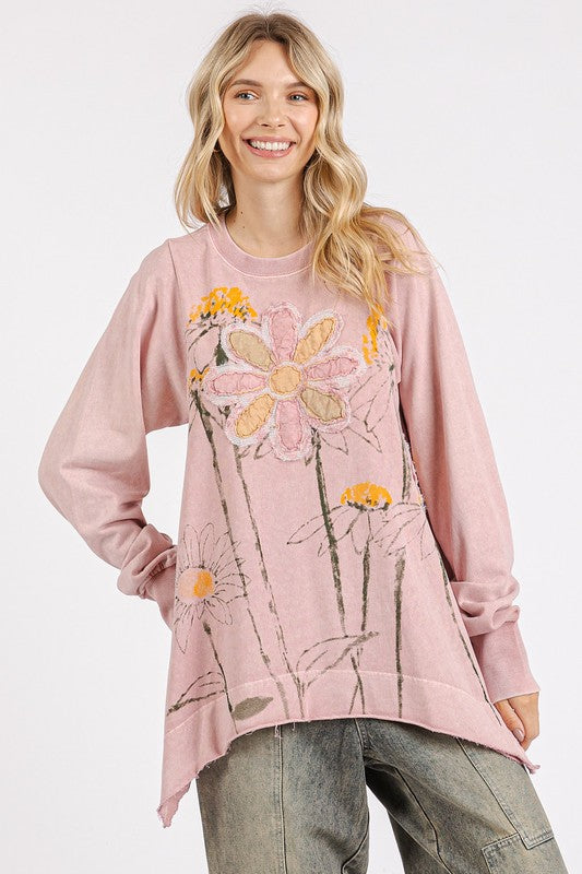 Mittoshop Flower Graphic Print and Patch Oversized Sweatshirt Dusty Pink