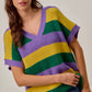 SO ME Mardi Gras loose fit V-neck striped sweater top