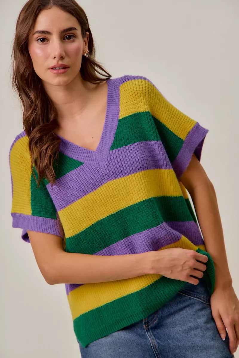 SO ME Mardi Gras loose fit V-neck striped sweater top