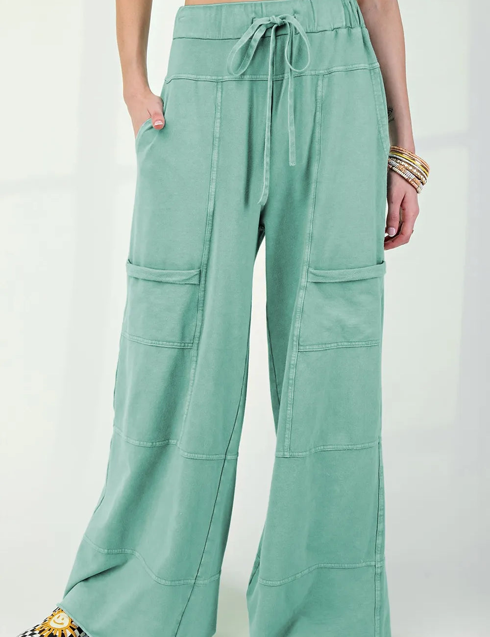 Gum Leaf Mineral Wash Exposed Seam Drawstring High Waist Wide Leg Cargo Pants | Loungewear Pants Daverri Fashions