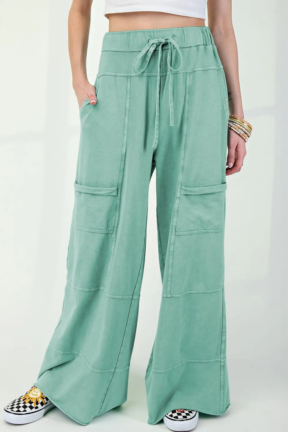 Gum Leaf Mineral Wash Exposed Seam Drawstring High Waist Wide Leg Cargo Pants | Loungewear Pants Daverri Fashions