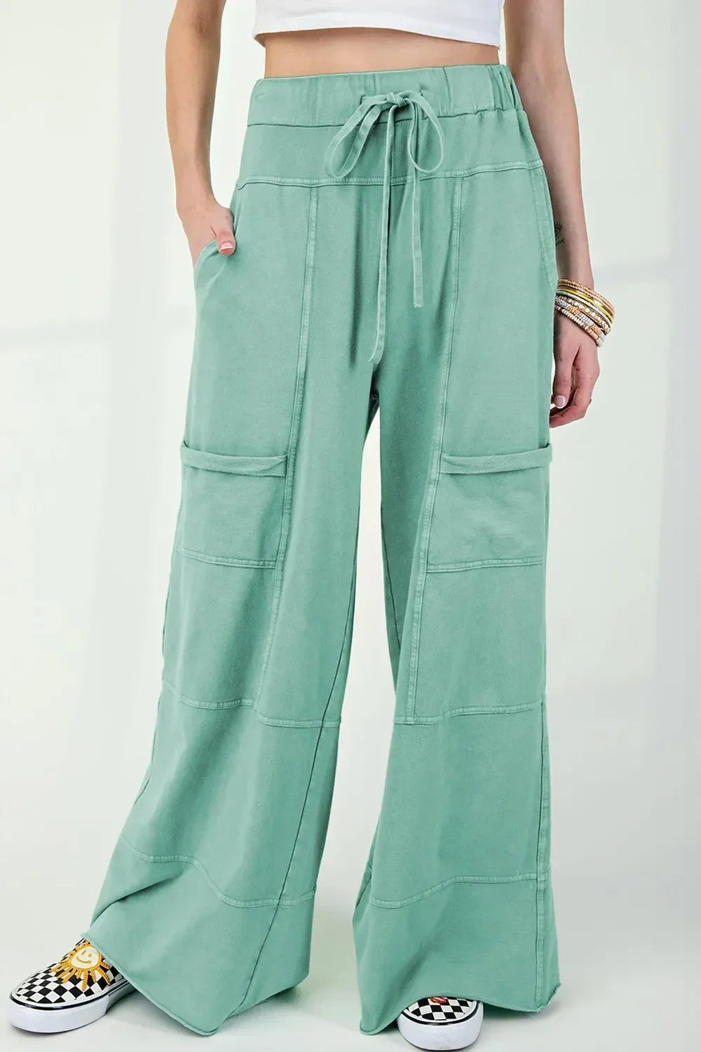 Mineral Wash Exposed Seam Drawstring High Waist Wide Leg Cargo Pants - DAVERRI FASHIONS