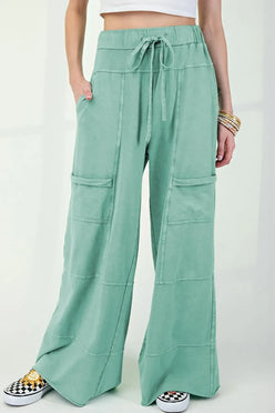 Mineral Wash Exposed Seam Drawstring High Waist Wide Leg Cargo Pants - DAVERRI FASHIONS
