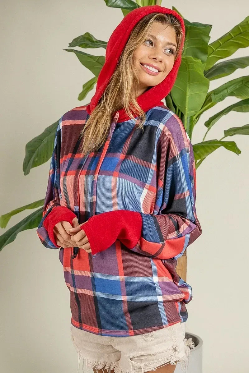 BiBi Plaid Mirr Brushed Rib Contrast Thumb Open Hoodie - DAVERRI FASHIONS