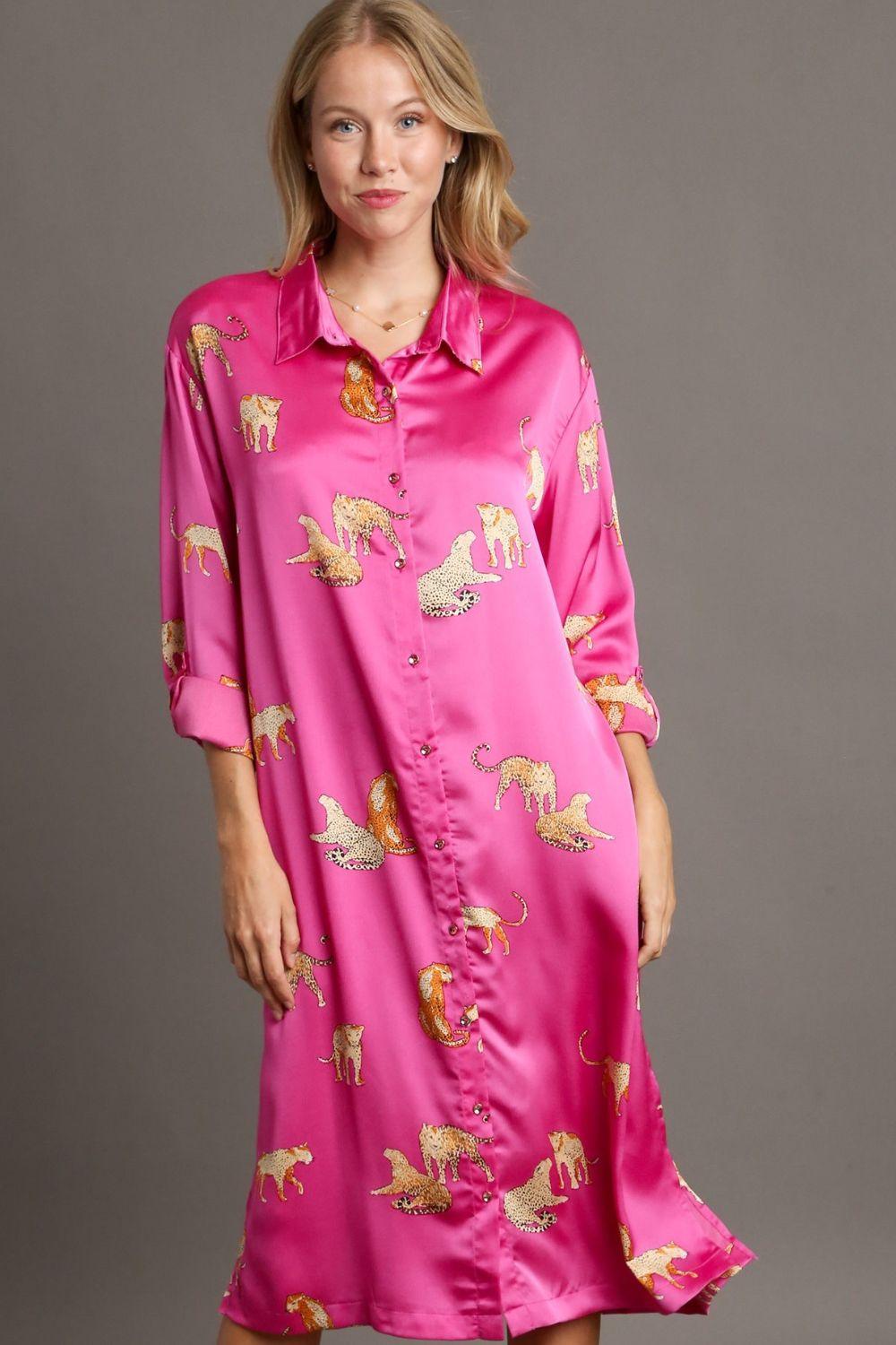 Umgee Full Size Animal Print Button Down Midi Shirt Dress Plus Size Fuchsia Pink 1XL