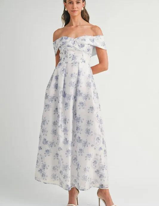 Blue S MABLE Floral Printed Off Shoulder Maxi Dress | Daverri Fashions