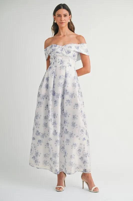MABLE Floral Printed Off Shoulder Maxi Dress Blue S
