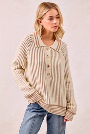 BiBi Half Button Ribbed Two Tone Sweater | Sweaters Daverri Fashions