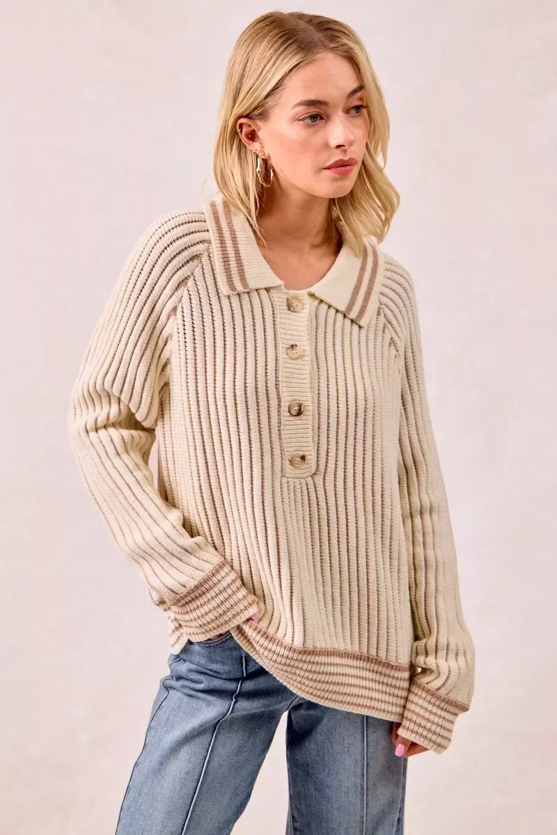 BiBi Half Button Ribbed Two Tone Sweater - DAVERRI FASHIONS