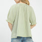 Umgee light green and white striped V-neck blouse with puffed sleeves
