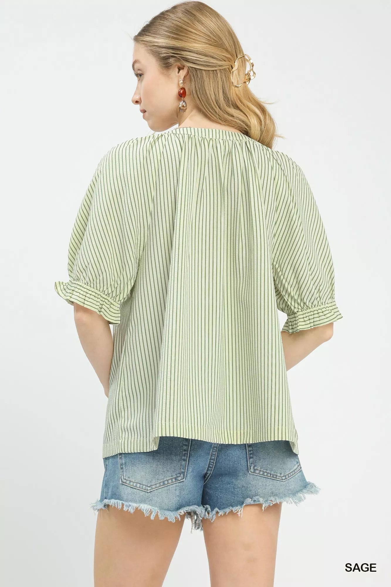 Umgee light green and white striped V-neck blouse with puffed sleeves