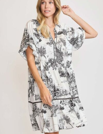 Umgee Full Size Two Tone Landscape Print Dress Black Mini Dresses