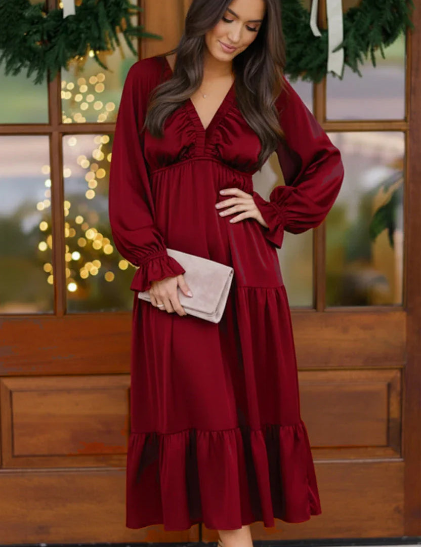 Goddess Grove Red Satin Maxi Dress | Daverri Fashions