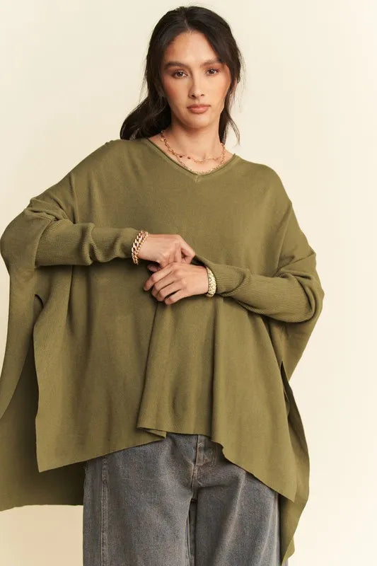 Davi & Dani High-Low Side Slit Batwing Sleeve Top | Knit Tops Daverri Fashions