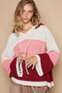 POL Color Block Long Sleeve Hooded Sweater Pink Burgundy Multi L