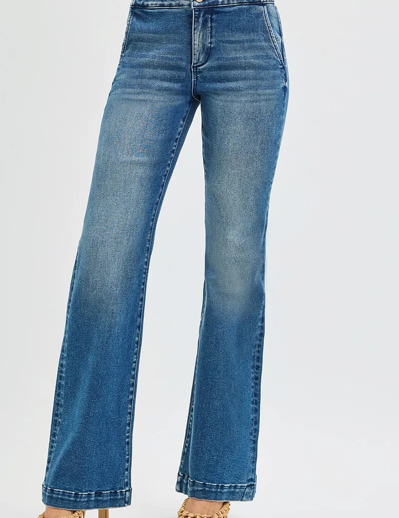 RISEN Full SIze Tummy Control High Rise Bootcut Jeans with Double Button Waistband Plus SIze | Daverri Fashions