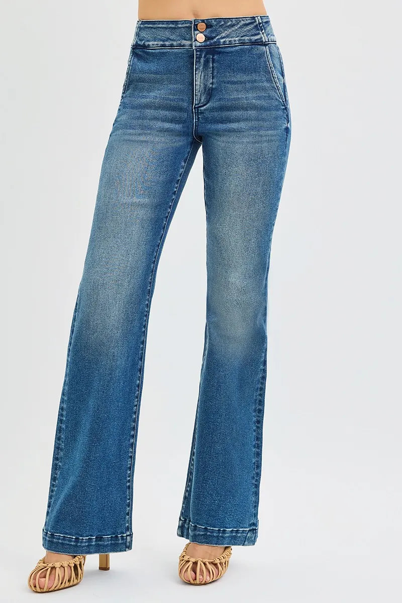 RISEN Full SIze Tummy Control High Rise Bootcut Jeans with Double Button Waistband Plus SIze | Daverri Fashions